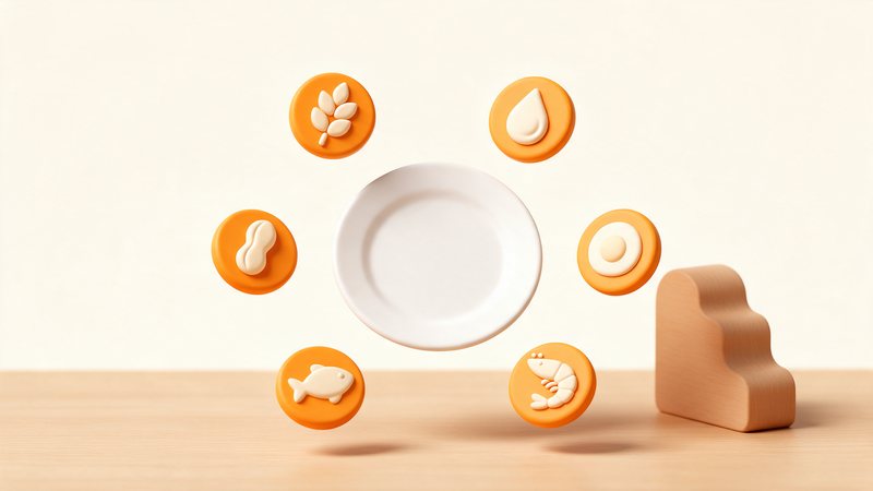 Ilustración de un plato rodeado de iconos de alérgenos