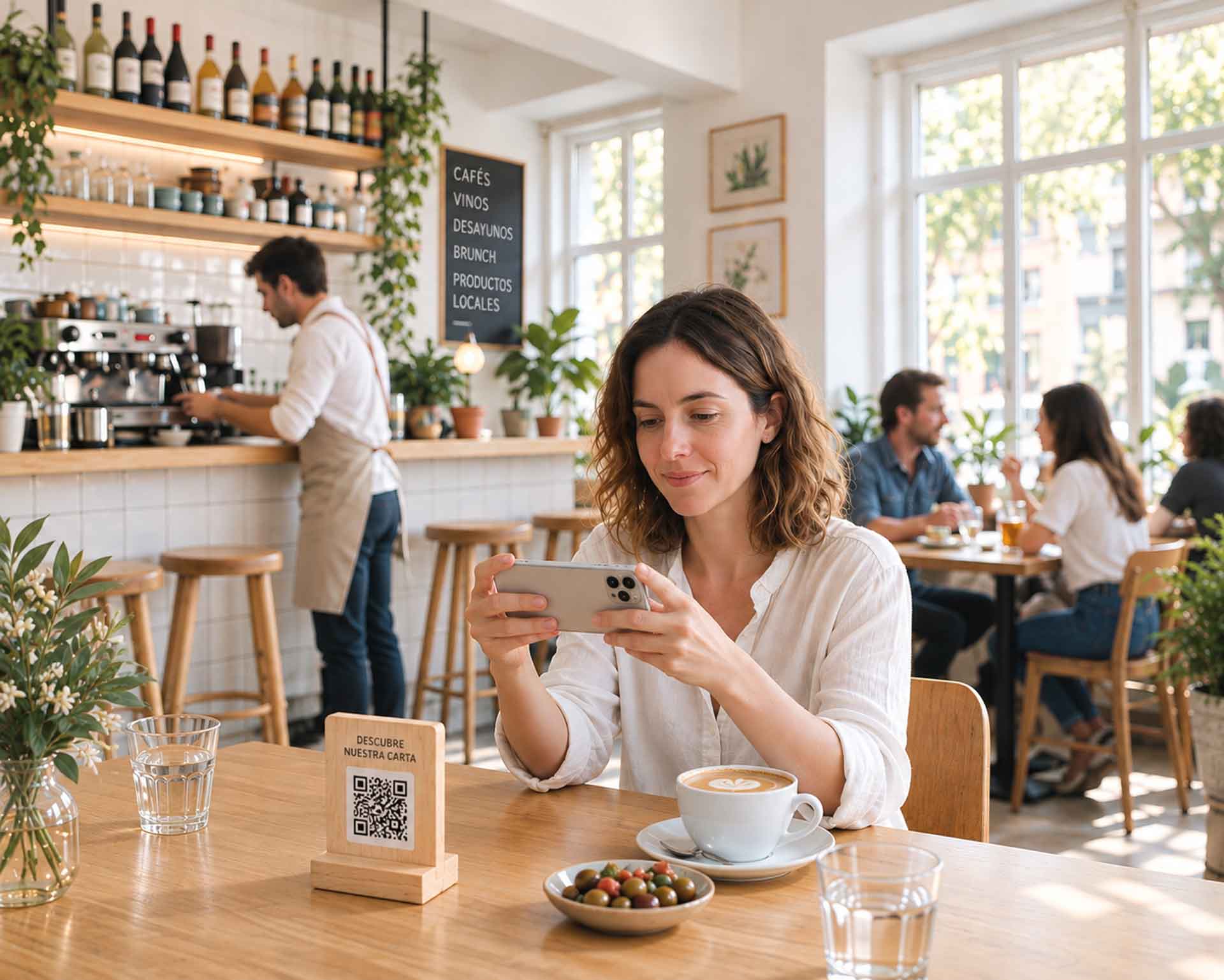 Clienta escaneando con el móvil el código QR de la carta en la mesa de un bar-cafetería
