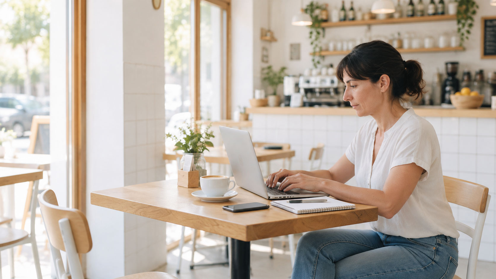 Dueña de una cafetería configurando su Carta Digital en el portátil