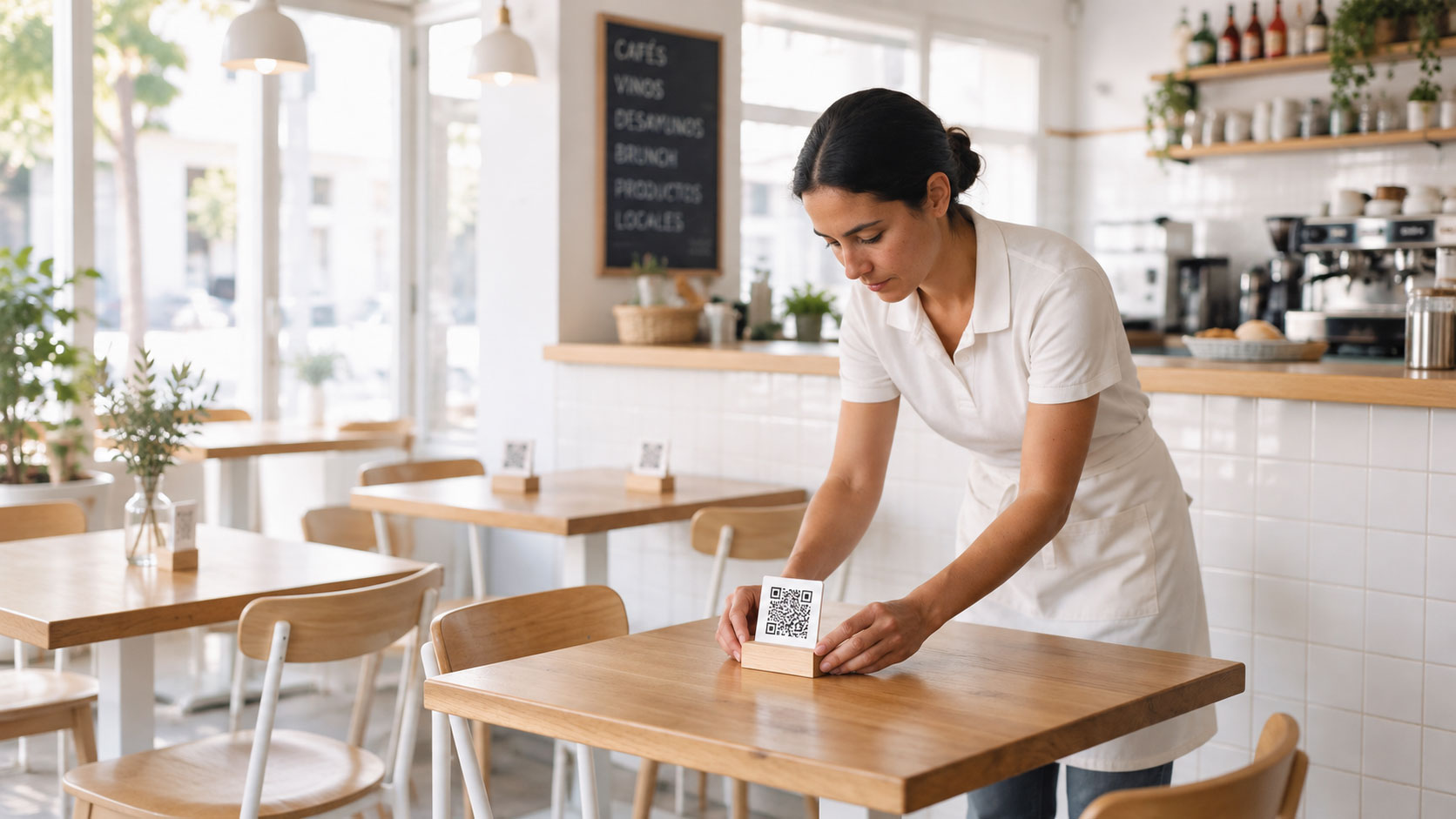 Camarera colocando en una mesa el soporte con el código QR de la Carta Digital