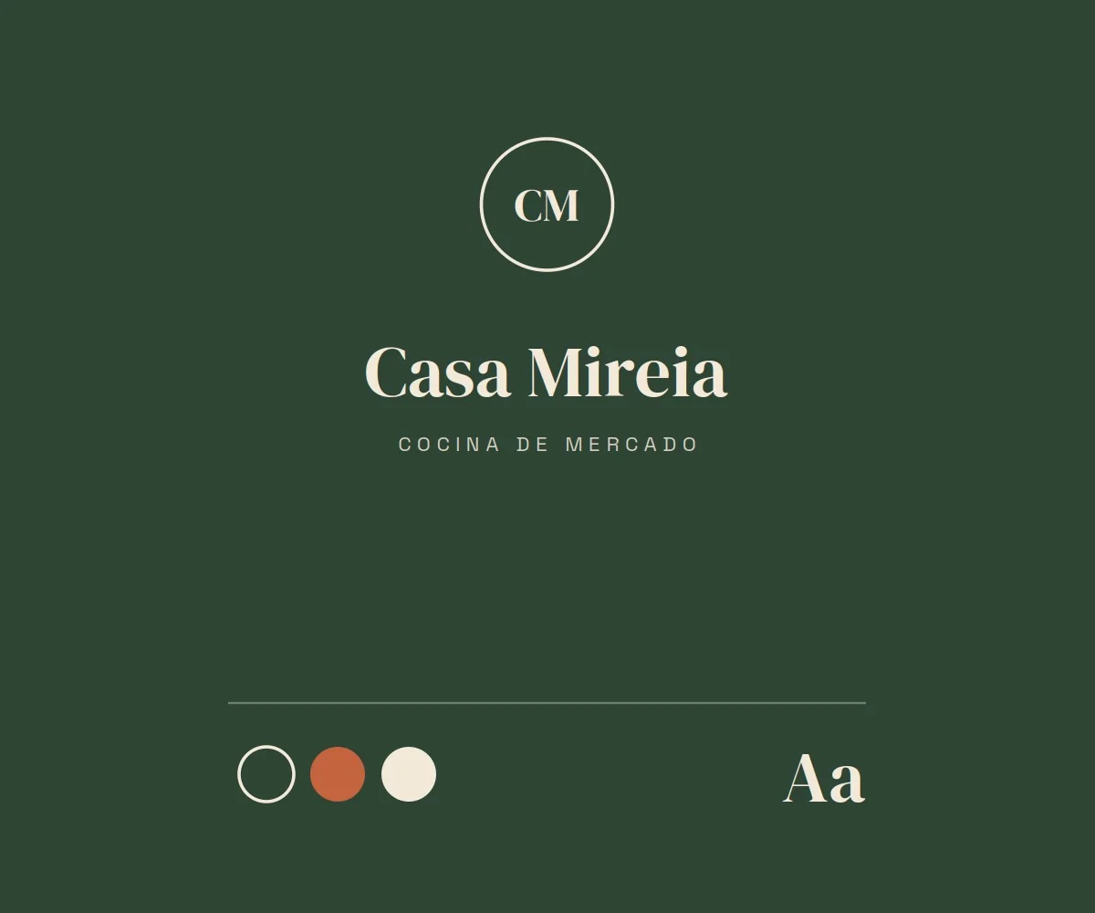 Identidad visual de Casa Mireia, marca ficticia de ejemplo: logotipo, colores y tipografía