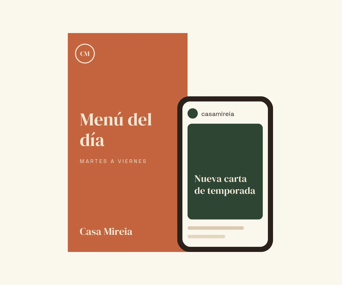Cartel del menú del día y publicación en móvil de Casa Mireia
